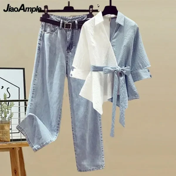 Women's Summer New in Matching Set Korean Elegant Splice Fake Two Piece Shirts+Jeans Suit 2023 Chic Blouse Denim Trousers Suits 5