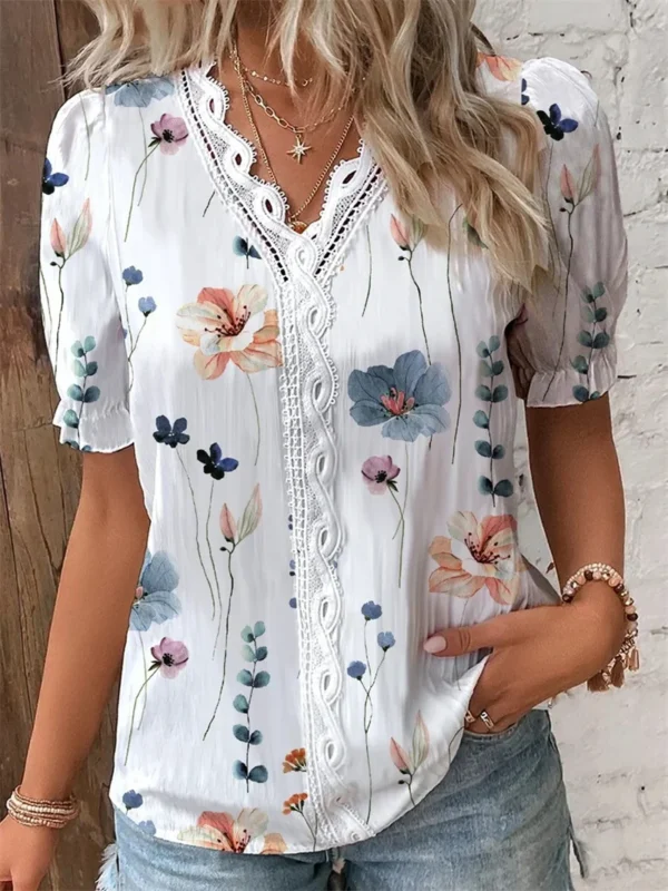 Women V Neck Splice Lace Decoration Pullover Shirt Elegant Botanical Flowers Prints Female Blouse Summer Casual Short Sleeve Top 6