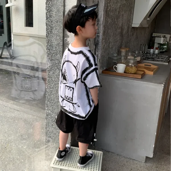 Summer Boys Cotton Contrast Alphabet Cartoon t-Shirt Tops+Short Pants Set School Kids Tracksuit Child 2PCS Outfit Suit 5-14 Yrs 4