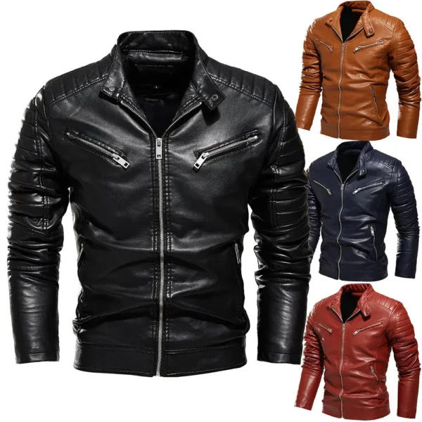 Motorcycle PU Leather Jacket Men's Slim Clothing New Plus Velvet PU Leather Jackets Men's Jacket Casual Motorcycle Coat Black 2