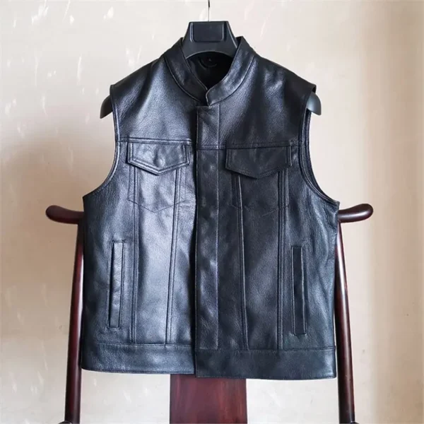 2024 New Style Men's Cowhide Sheepskin Genuine Leather Vest Man Motorcycle Biker Vests Male Waistcoat Fashion Sleeveless Jackets 6