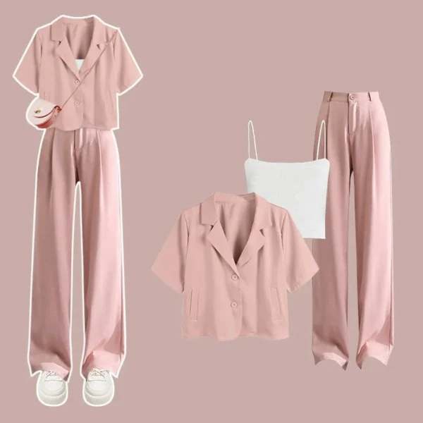 Women's Summer Suit 2023 New Chic Short Sleeved Suit Coat+Sling+Pants Three Piece Korean Elegant Casual Blazer Matching Suit 5