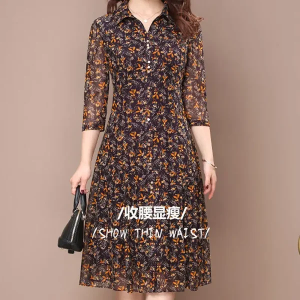 Long Sleeve Dress Women Floral Print Elegant Turndown Collar Summer Female Clothing Slim All-match Casual Button Midi Dress Robe 2