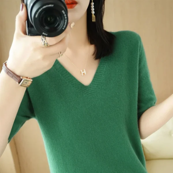 Spring/Summer 2022 Ladies Sweater Pullover Solid Color V-neck Half-sleeved Knitted Cashmere Sweater Thin Casual Top 6