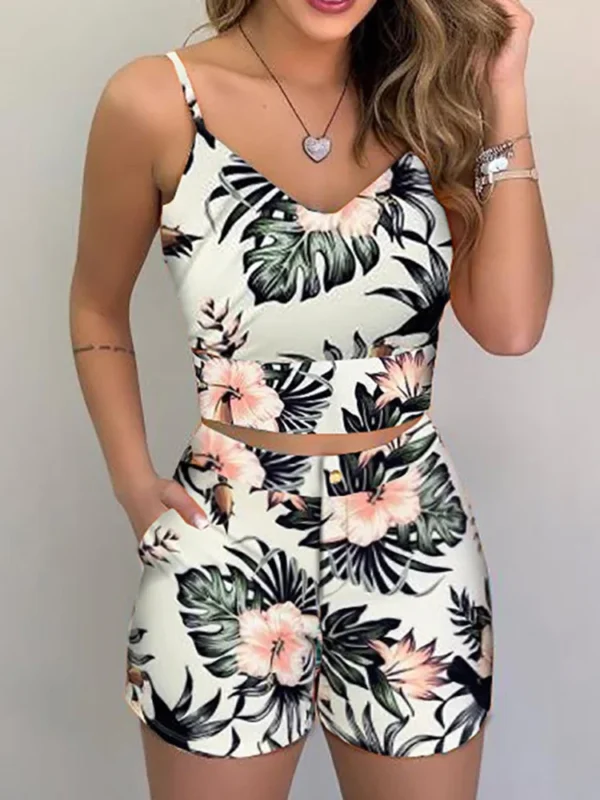 Fashion Women Shorts Suits 2Pieces Sets Summer Office Lady Floral Strap Tank Crop Top+High Waist Button Shorts Female Outfits 2