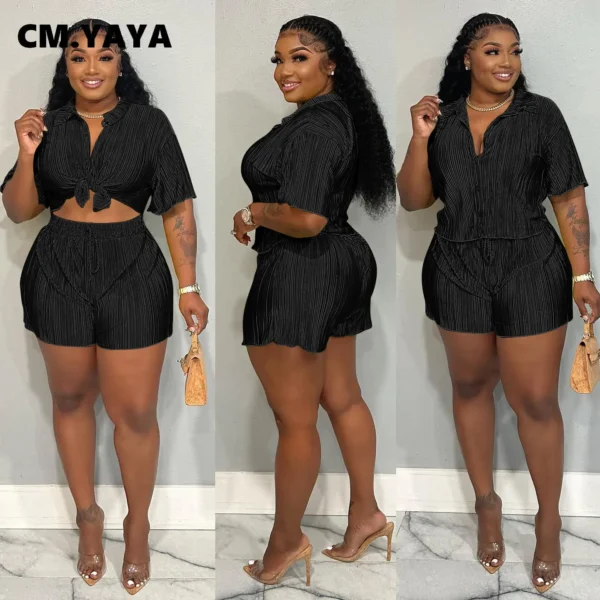 CM.YAYA Street Vintage Pleated Women's Set Short Sleeve Shirt Blouse and Shorts Suit 2023 INS Two 2 Piece Set Outfit Tracksuit 3