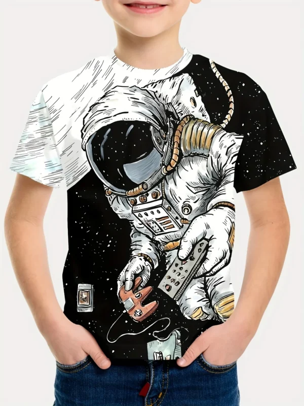 Cartoon Astronaut Print Boys Creative T-shirt, Casual Lightweight And Comfortable Short Sleeve Top, Summer Kids Outgoing Clothes 4