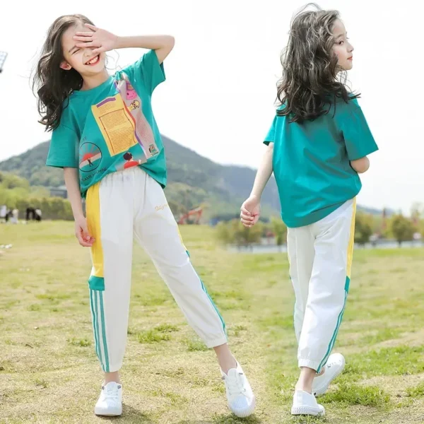 Girls Summer Short Sleeve Shirts+Full Length Pants 2pcs Sets Baby Boys Girls Teen Sports Suits 4 6 8 10 12 Year Kids Clothes 2