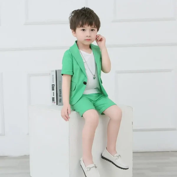 Boys Blazers Sets Wedding Or Birthday Party Summer Business Suit Shorts Jacket Sleevele T Shirt Kids Boy Clothing 3Pcs Outfit 5