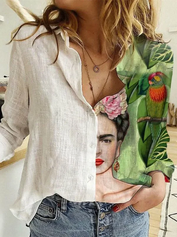 New Patchwork Print Shirt Women Turn-down Collar Long Sleeved Single Breasted Shirt  Fashion Casual Office Women's Clothing 5