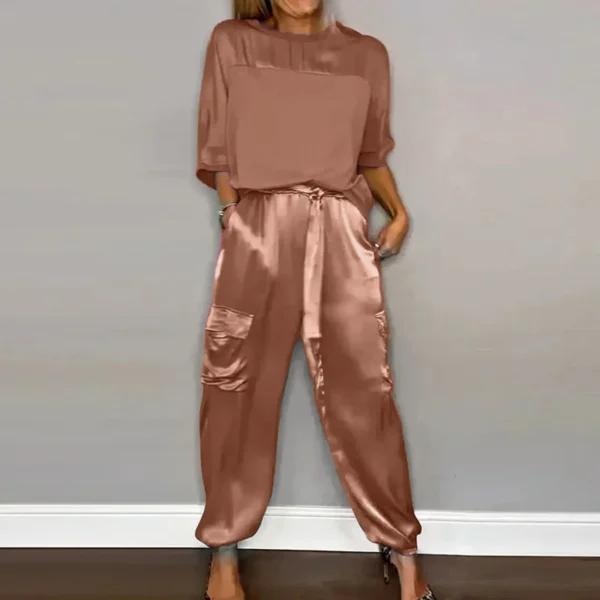 Women's Smooth Satin Short-sleeved Top and Pants Two-piece Set Spring O-neck Lace Up Outfits Summer Sleek Elegance Leisure Suit 6