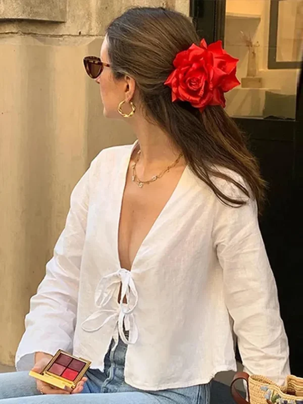 2024 Summer White Lace Up Shirts For Women‘s Elegant Loose Long Sleeve V-neck Blouse Female Solid Causal Street Chic lady Tops 5