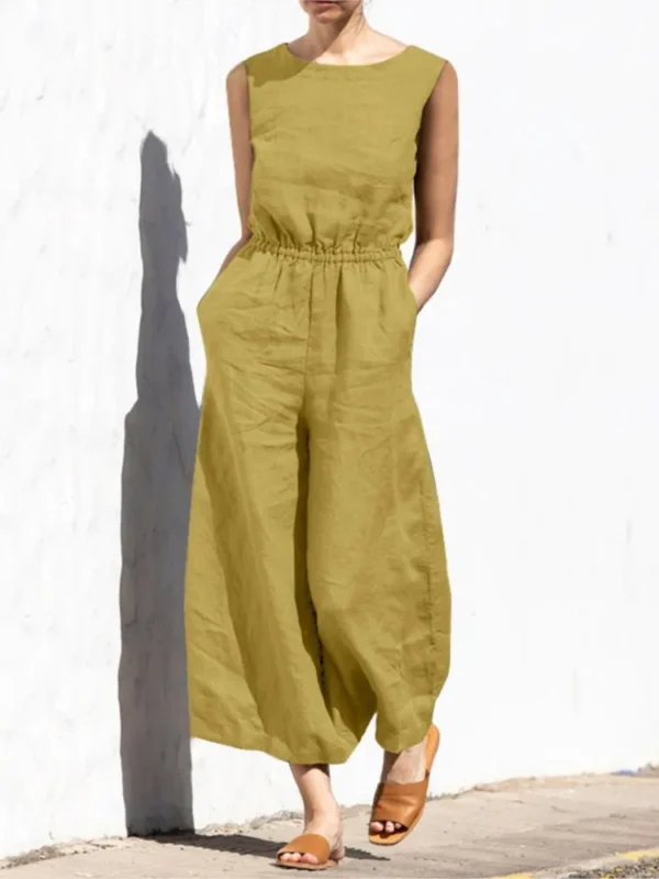 Cotton And Linen Jumpsuit Women Solid Color Sleeveless Pocket High Waist Wide Legs Jumpsuits Casual Commuting Ladies Bodysuits 5