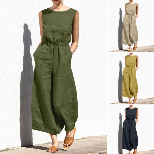 Cotton And Linen Jumpsuit Women Solid Color Sleeveless Pocket High Waist Wide Legs Jumpsuits Casual Commuting Ladies Bodysuits 6