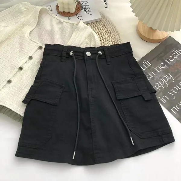 Plus Size Pockets Lace-Up Vintage Denim Skirt Summer Loose Casual Solid Mini Skirts Spring Korean Fashion Faldas Women Clothes 4