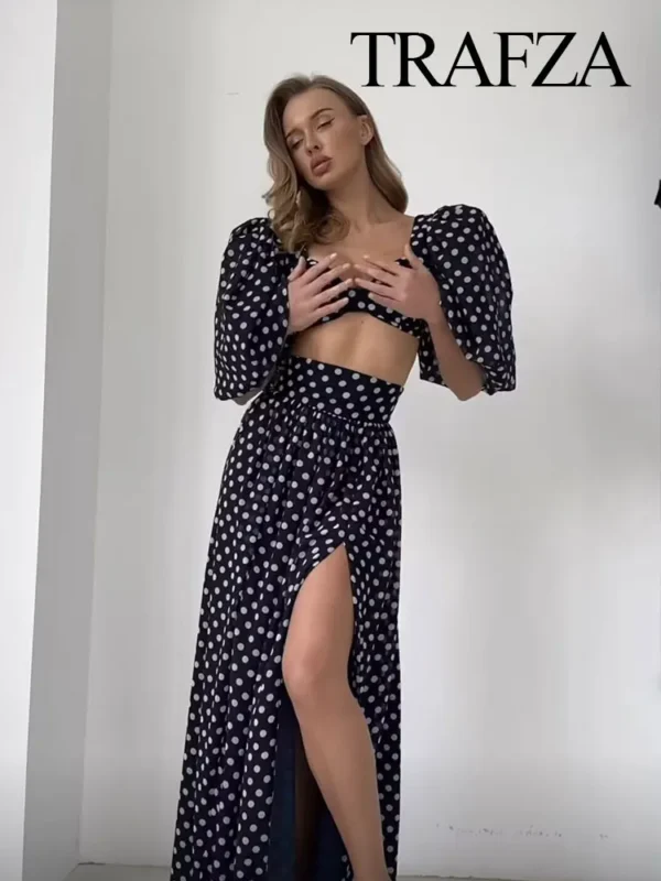 TRAFZA 2024 Female Spring Polka Dots Printed Suit Cropped Short Sleeves Square Neck Top Slit High Waist Chic Skirt Vintage Suit 6