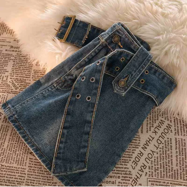 Vintage Women Denim Mini Skirts Summer Solid Belt Sexy Jeans Skirts Female Casual Ball Gown Korean Slim A Line Skirts New 4