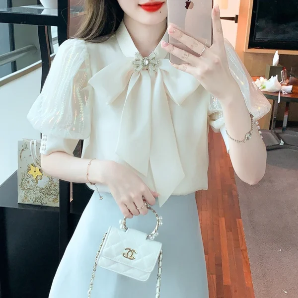 Fashion Bow Collar Apricot Chiffon Blouse Shirt Women Tops Blusas Mujer De Moda 2024 Verano Short Sleeve Blouse Women Blusa G587 3