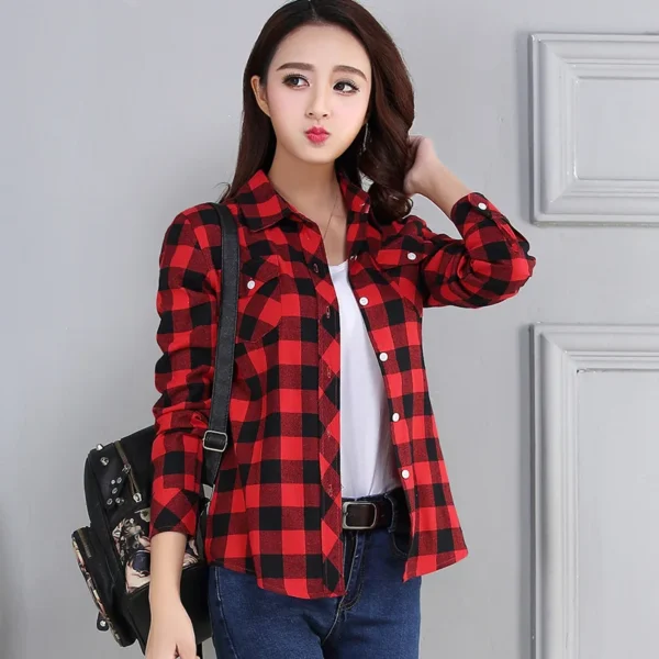 Women's Plaid Shirts 2023 Autumn New Ladies Casual Long Sleeve Pocket Cotton Shirt Fine Elegant Lady Checked Tops Clothes 1