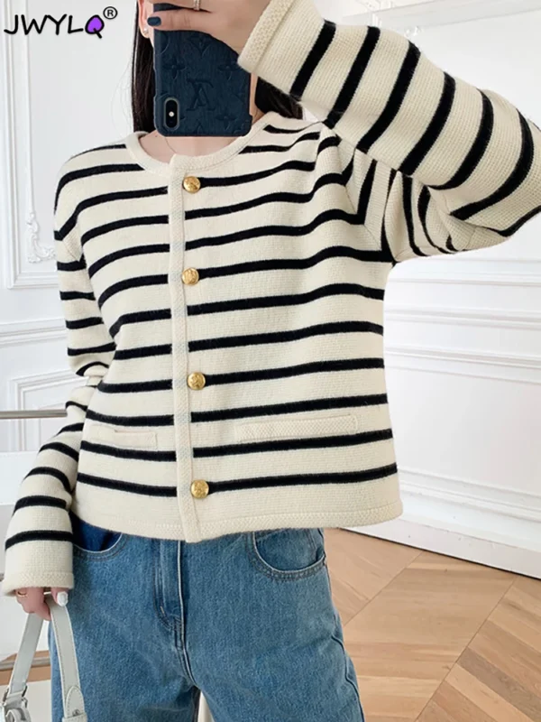 Spring Autumn Stripes Knit Cardigan Womens Elegant Long Sleeve Single Breasted Short Coat Ladies O-neck Apricot Knitted Sweaters 1