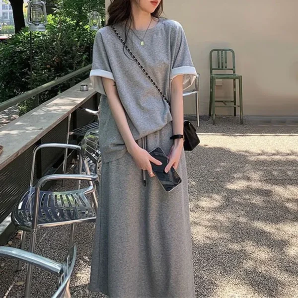 2024 Summer Women Clothing Sets Short Sleeve T-shirt+Dress 2Pcs Suits Solid Color Ladies Casual Loose Outfits Fashion Streetwear 2