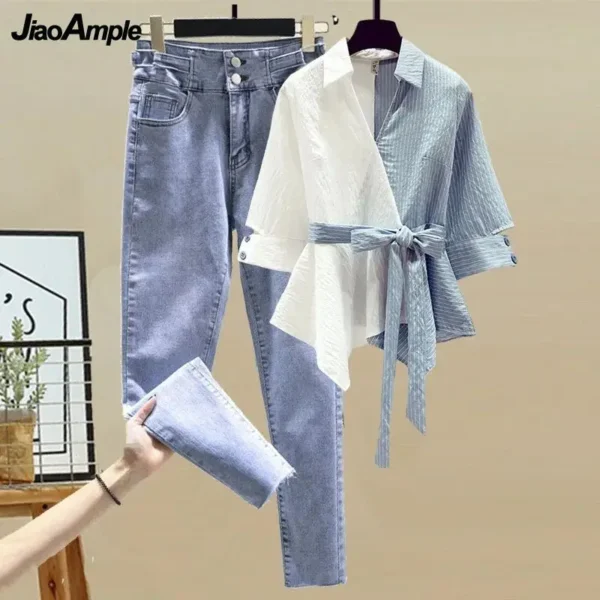 Women's Summer New in Matching Set Korean Elegant Splice Fake Two Piece Shirts+Jeans Suit 2023 Chic Blouse Denim Trousers Suits 4