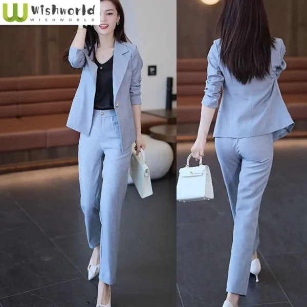 2023 Autumn New Korean Style Slim Fit Jacket Blazer Casual Pencil Pants Two Piece Elegant Women's Pants Set Office Outfits 1