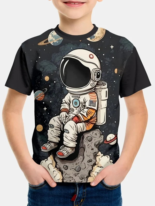 Cartoon Astronaut Print Boys Creative T-shirt, Casual Lightweight And Comfortable Short Sleeve Top, Summer Kids Outgoing Clothes 2