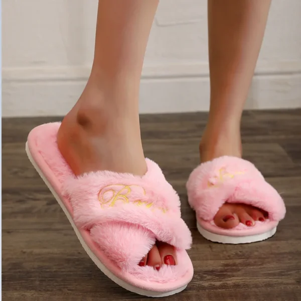 Embroidered Fur Slippers Wedding Bride Furry Fluffy Slippers for Women 4