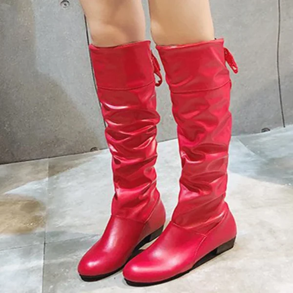 2023Shoes For Women  Knee High Boots Red Black White Tall Boots Woman Pleated Low Heel Casual Leather Female Long Shoes 4