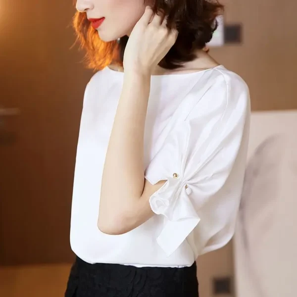 Spring and Summer 2023 New Light Luxury Drape Shirt Mercerized Satin Acetate Fabric Top Short Sleeve Loose and Thin 5