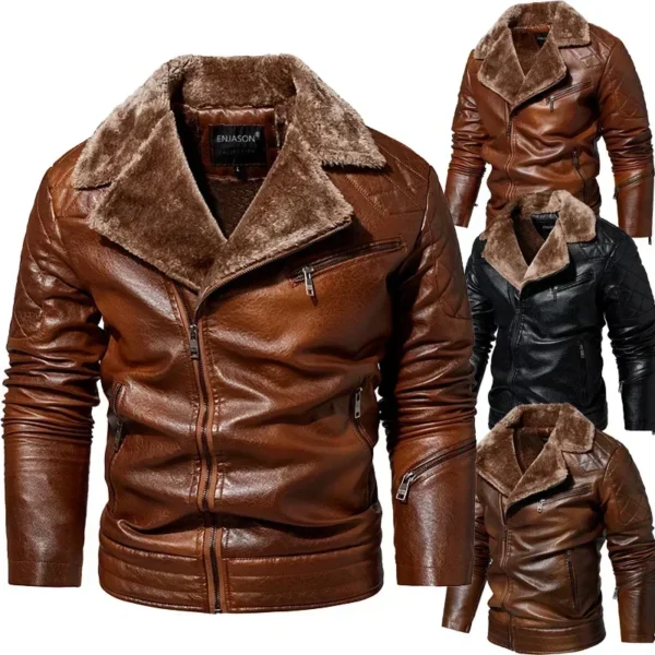 Fashion Warm with Fur Collar Winter Men's Leather Jacket Thicken Fleece Motorcycle Coat Casual Faux Leather Jacket 2