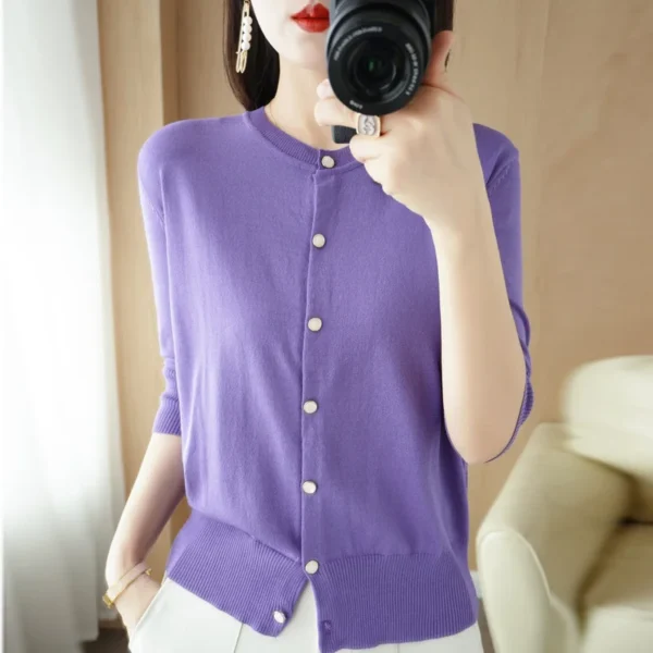 2023Summer New Thin Ice Silk Three-Quarter Sleeve Knitted Cardigan Women's Single-Breasted Round Neck Shirt Top Short Loose Coat 3