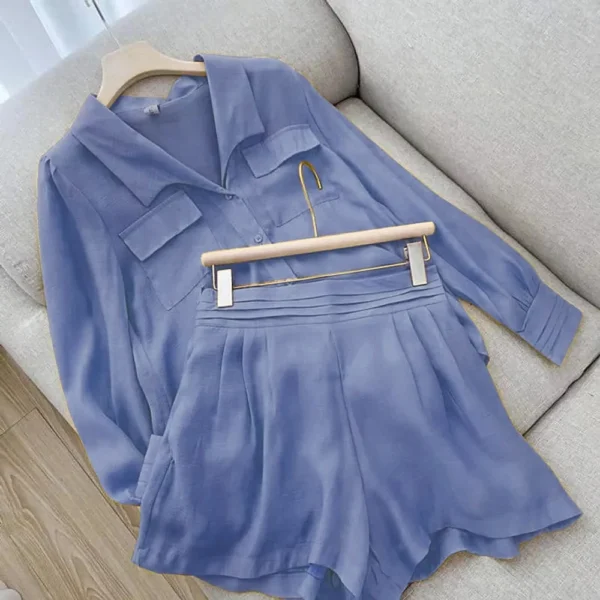 Spring Shirt Two Piece Set For Women Summer Shorts 2 Piece Sets Suits Solid Color Long Sleeve Shirt Short Casual Outfits Female 3