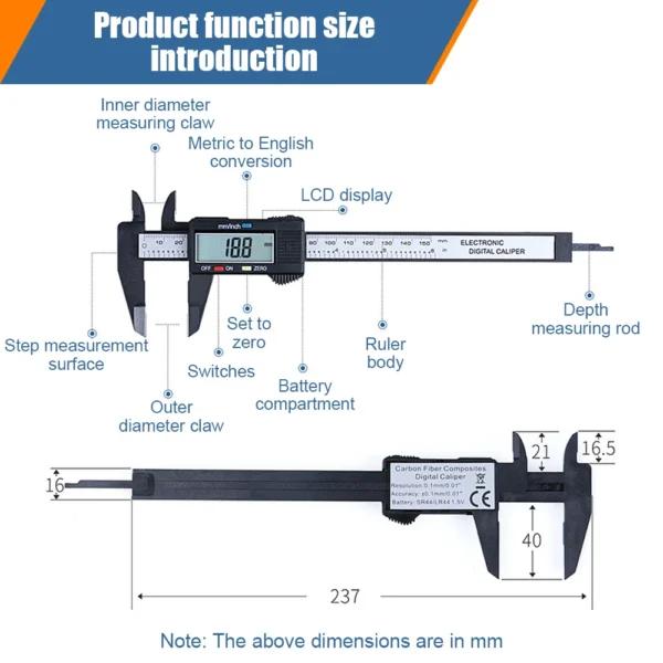 100/150mm Electronic Digital Caliper 6Inch Vernier Caliper Gauge Micrometer Measuring Tool Pachometer Digital Ruler with Battery 6