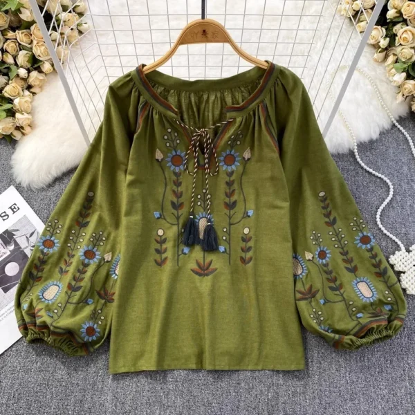 Autumn Casual Women Blouse Fashion V-neck Long Lantern Sleeve Embroidery Shirts Vintage Minority Ladies Tops Dropshipping 1