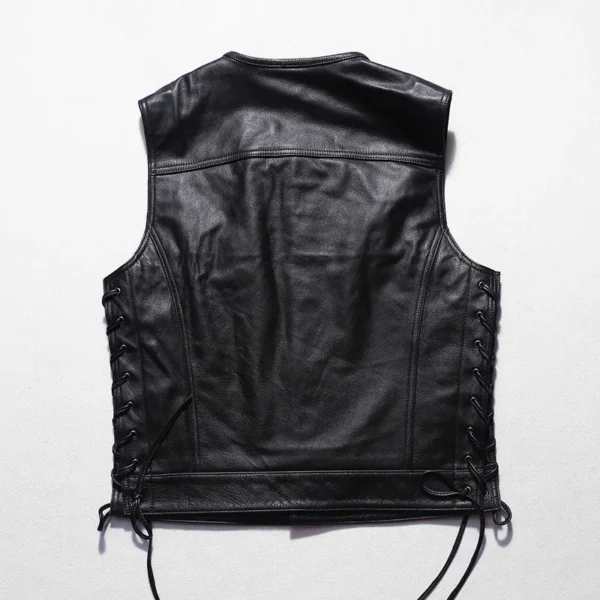 2024 New Spring Men Geniune Cowhide Leather Coats Fashion Casual Black Motorcycle Fleet Punk Vest Jackets Drawstring Hem Vests 3