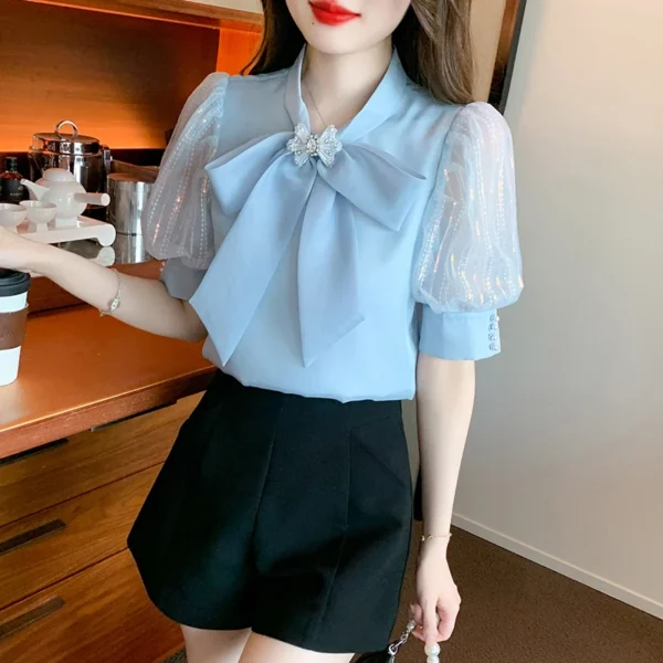 Fashion Bow Collar Apricot Chiffon Blouse Shirt Women Tops Blusas Mujer De Moda 2024 Verano Short Sleeve Blouse Women Blusa G587 6