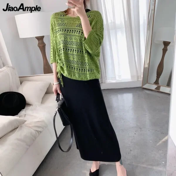 Women's Casual 2 Pieces Dress Set Summer 2024 New Loose Hollow Out Knit Shirring Tops and Sleeveless Dress Suit Lady Clothing 3