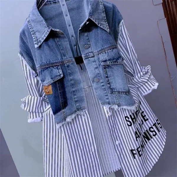 Fashion Striped Denim Jacket Women's Spring/Summer 2024 New Design Sense Stitching Women Jackets Temperament Coat Top 6