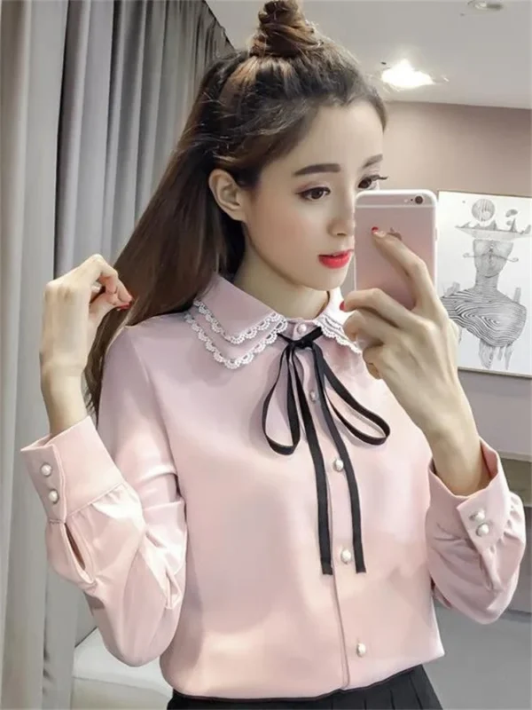 Women Spring Autumn Style Vintage Blouses Shirts Lady Casual Long Sleeve Turn-down Collar Pink White Blusas Tops DF3089 2