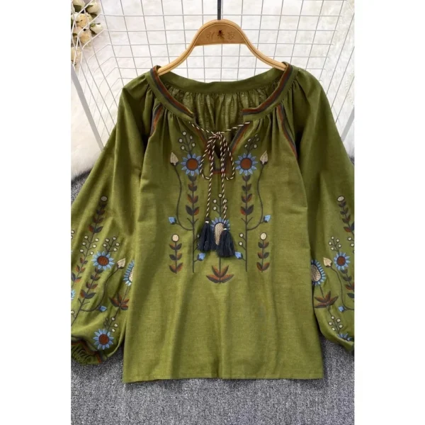 Autumn Casual Women Blouse Fashion V-neck Long Lantern Sleeve Embroidery Shirts Vintage Minority Ladies Tops Dropshipping 6