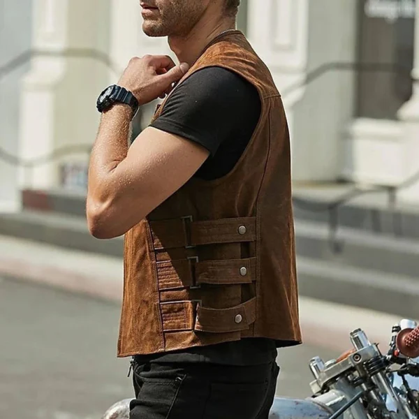 New Men's Motorcycle Biker Faux Leather Vest Jacket Waistcoat Solid Color Zip Up Vest Tops Male Clothing Streetwear 5