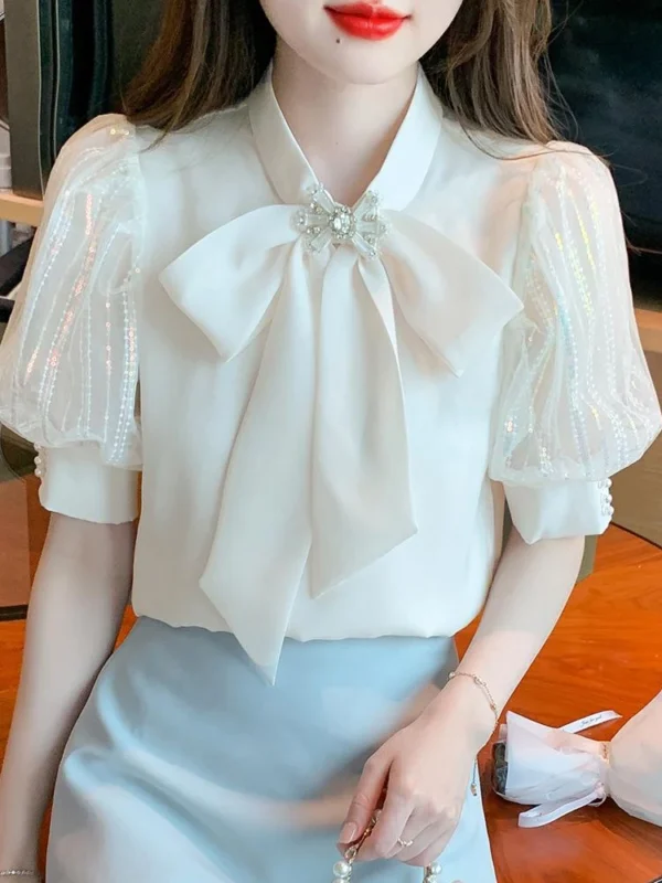 Fashion Bow Collar Apricot Chiffon Blouse Shirt Women Tops Blusas Mujer De Moda 2024 Verano Short Sleeve Blouse Women Blusa G587 2