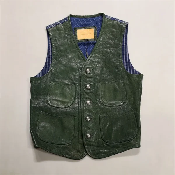 2024 New Spring Autumn Blue Dyed Clothing Genuine Leather Waistcoat Bikers Motorcycle Vest Male Sheepskin Sleeveless Coats 3