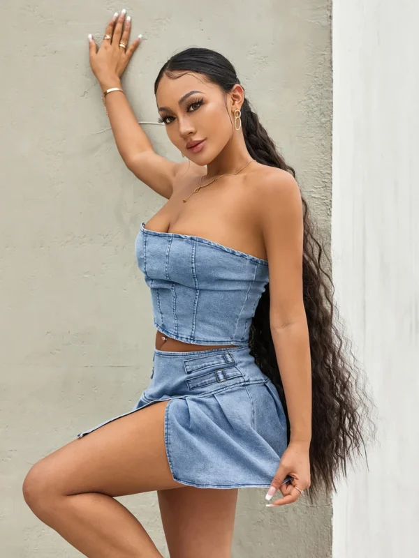 Women's Summer 2PCS Outfit Sets Solid Color Sleeveless Off Shoulder Zipper Bandeau + Pleated Denim Skirt 5