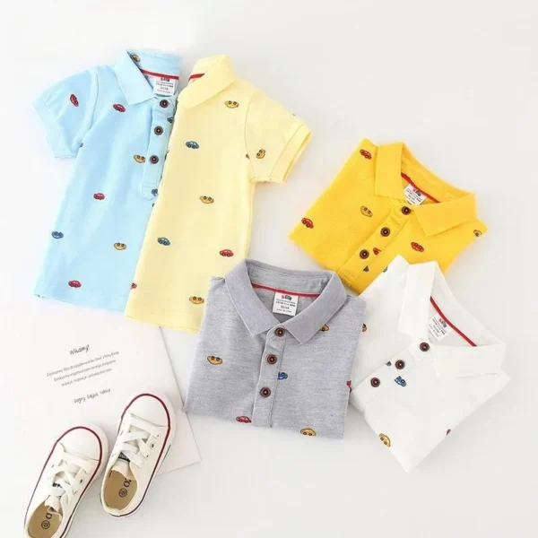 2024 Summer 3 4 5 6 8 10 Years Children Candy Color Turn Down Collar Cartoon Character Car Short Sleeve Cotton Kids Boy T-Shirt 3