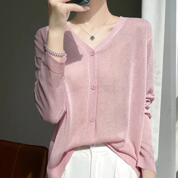 Sunscreen Knitted Sweater  Ice Silk cardigan V-neck light Thin Soft Colorful Versatile 2024 Women's New StyleSpringSummer Top 2