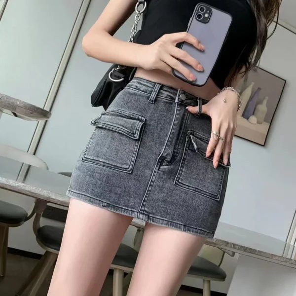 Xpqbb Denim Short Skirt for Women Korean Style High Waist Pockets Cargo Mini Skirt Female Sexy Skinny Anti-Glare Bodycon Skirts 6