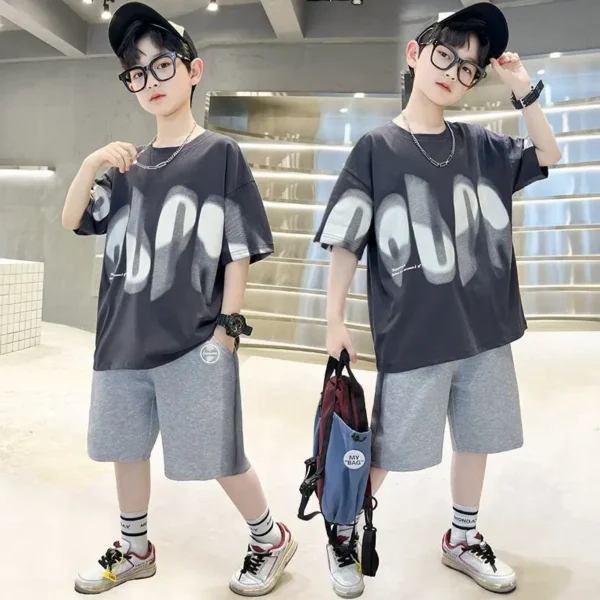 Boys Summer 2pcs Hiphop Style Leisure T-shirts+Pants Short Sleeved Suits 4-14 Years Teenage Korean Style Kids Streetwear Clothes 4